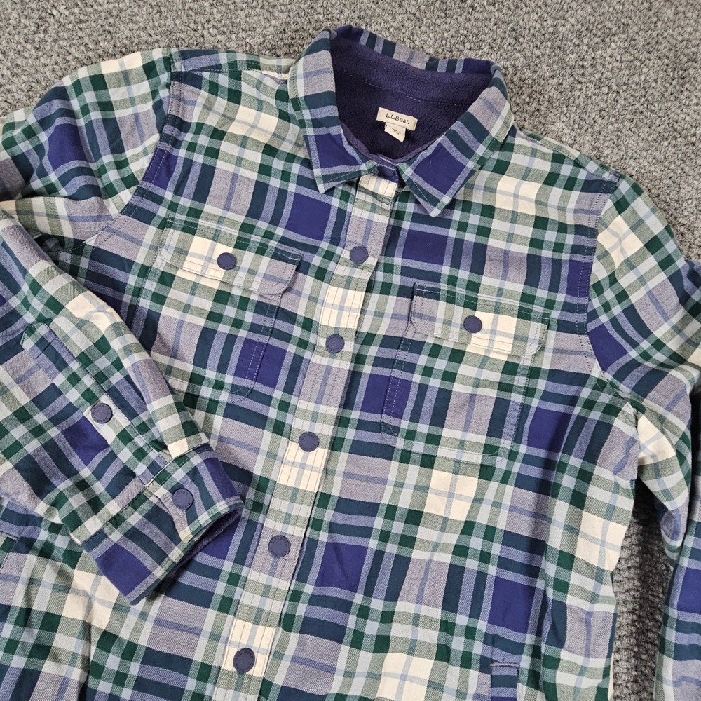LL Bean Fleece Lined Flannel Shirt Jacket Mens Medium Blue Green Plaid Snap‎
